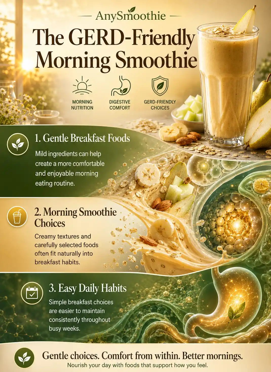 GERD-friendly morning smoothie infographic featuring banana, pear, oats, melon, and almond ingredients with digestive comfort themes, illustrating the best morning foods and smoothies for GERD in a premium wellness-science editorial design.