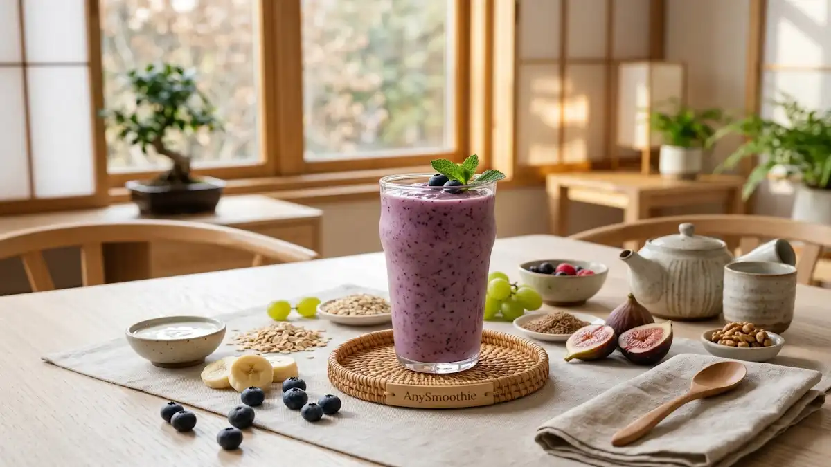 Creamy blueberry banana smoothie in an artisan glass on a woven bamboo coaster with AnySmoothie logo, surrounded by kefir, oats, walnuts, and fresh figs on a pale ash wood table in a sunlit, minimalist Japanese-inspired space, supporting natural pathways and galactooligosaccharide smoothies for bifido growth.
