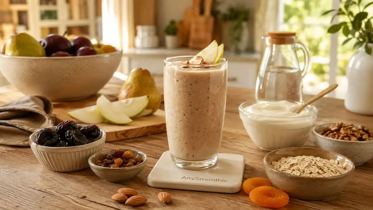 Creamy prune pear almond smoothie with oats, walnuts, raisins, and yogurt in a farmhouse kitchen, featured as one of the best boron rich smoothies for healthy bone nutrition.
