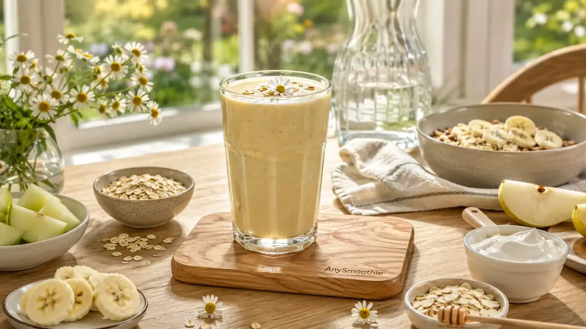 Breakfast smoothies for acid reflux relief featuring a creamy banana pear smoothie with oats, vanilla yogurt, honeydew melon, chamomile flowers, and almond flakes served in a glass on a maple wood AnySmoothie coaster during a bright spring morning.