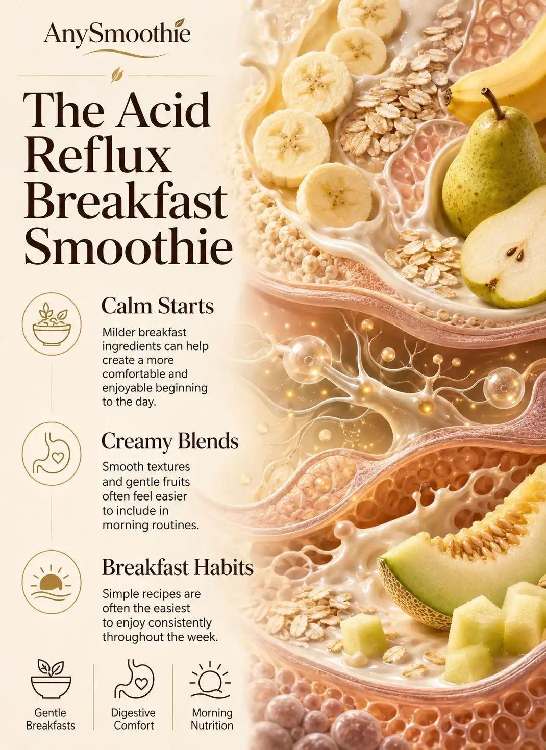 Breakfast smoothies for acid reflux relief infographic featuring banana, pear, oats, and melon ingredients with gentle breakfast nutrition concepts, digestive comfort themes, creamy smoothie textures, and acid reflux-friendly morning wellness habits.