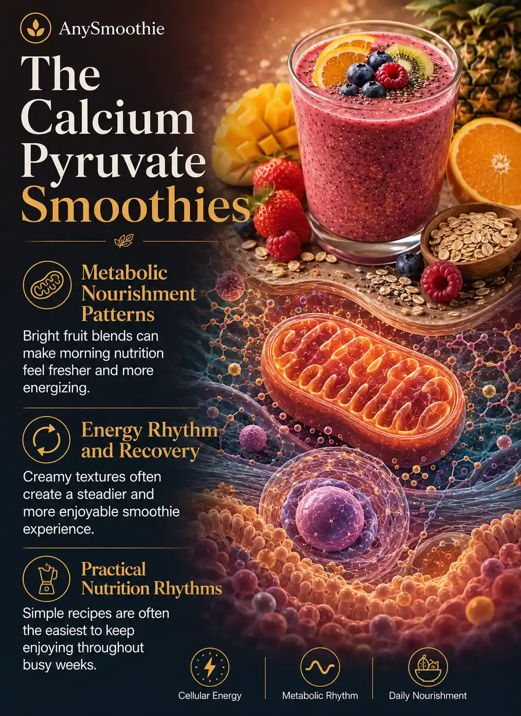 Premium wellness-science infographic featuring a colorful berry and citrus smoothie with whole-food ingredients, mitochondrial-inspired biological imagery, and cellular energy visuals, illustrating calcium pyruvate smoothies for krebs cycle support through metabolic nourishment patterns, energy rhythm discussions, and sustainable nutrition habits.