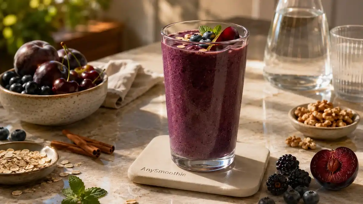 Carnosine smoothies for cellular antiglycation featuring a blueberry plum smoothie in a glass with cherries, blackberries, walnuts, oats, and cinnamon on a kitchen countertop.