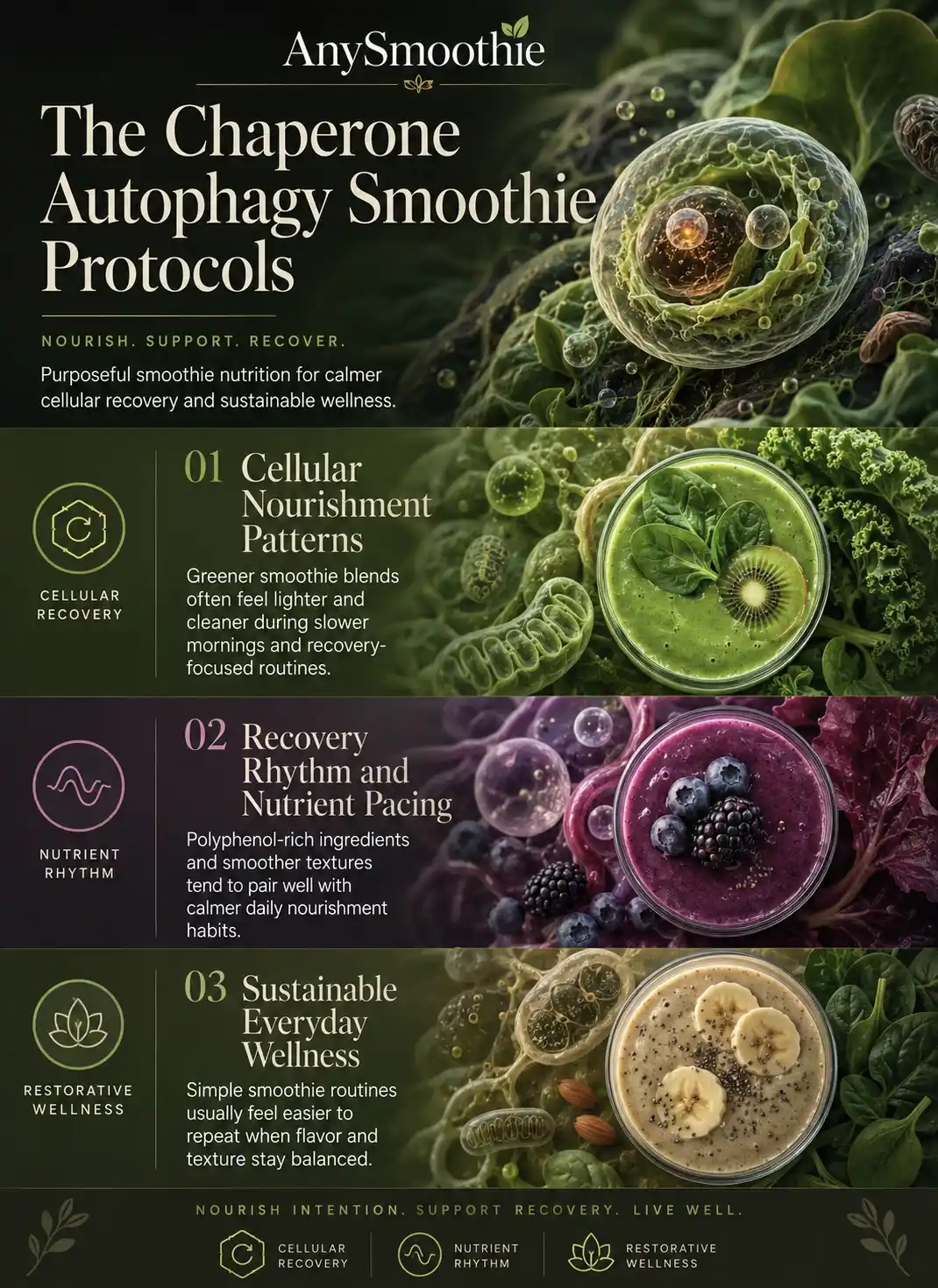 Premium wellness-science infographic illustrating chaperone autophagy smoothie protocols with green and berry smoothies, intracellular-inspired biological textures, restorative cellular recovery rhythms, nutrient pacing visuals, and elegant editorial wellness design.