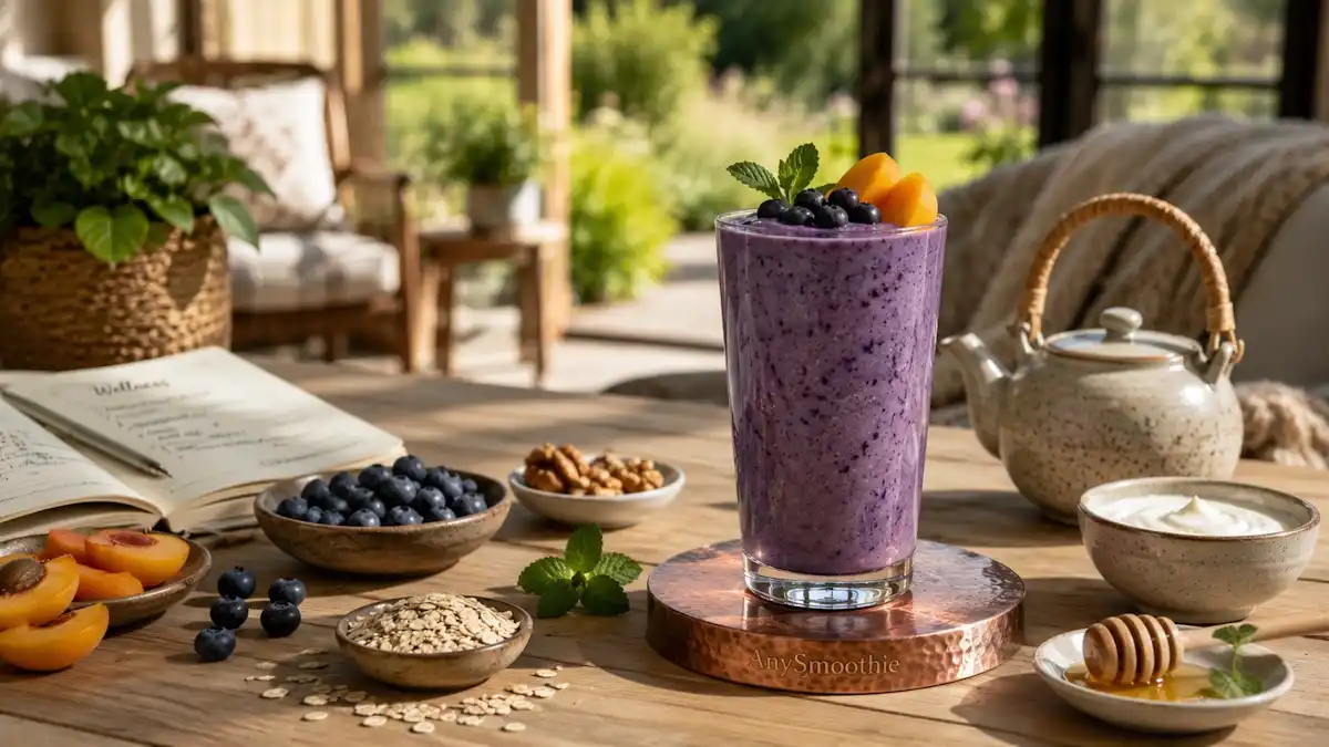 Creamy blueberry apricot smoothie with Greek yogurt, oats, walnuts, honey, and fresh fruit served in a countryside sunroom, representing chronic fatigue nutrition smoothies and balanced wellness nourishment.