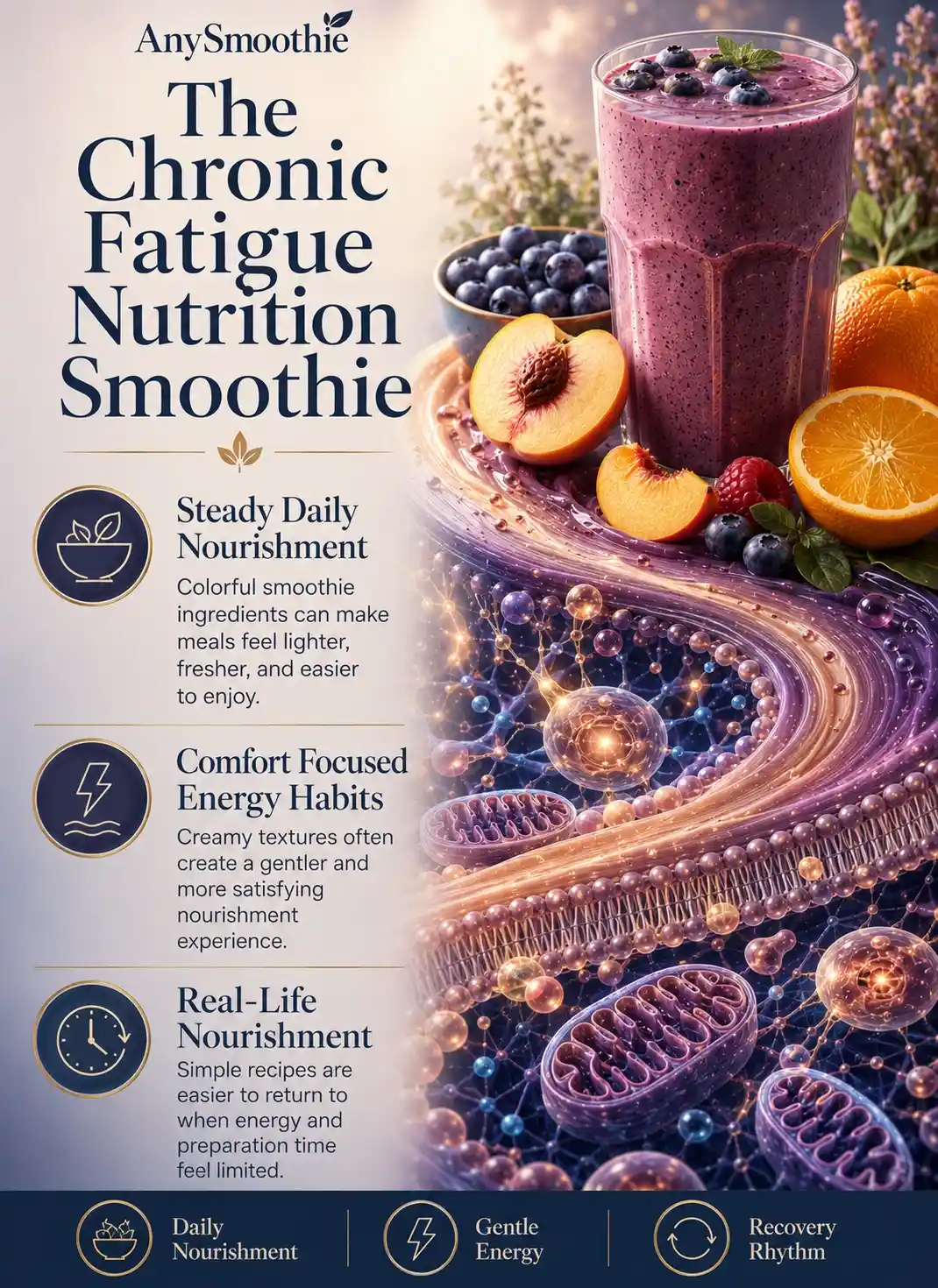 Premium wellness-science infographic about chronic fatigue nutrition smoothies featuring blueberry, peach, and citrus ingredients, gentle nourishment concepts, mitochondrial-inspired biological visuals, daily wellness habits, and balanced smoothie nutrition routines.