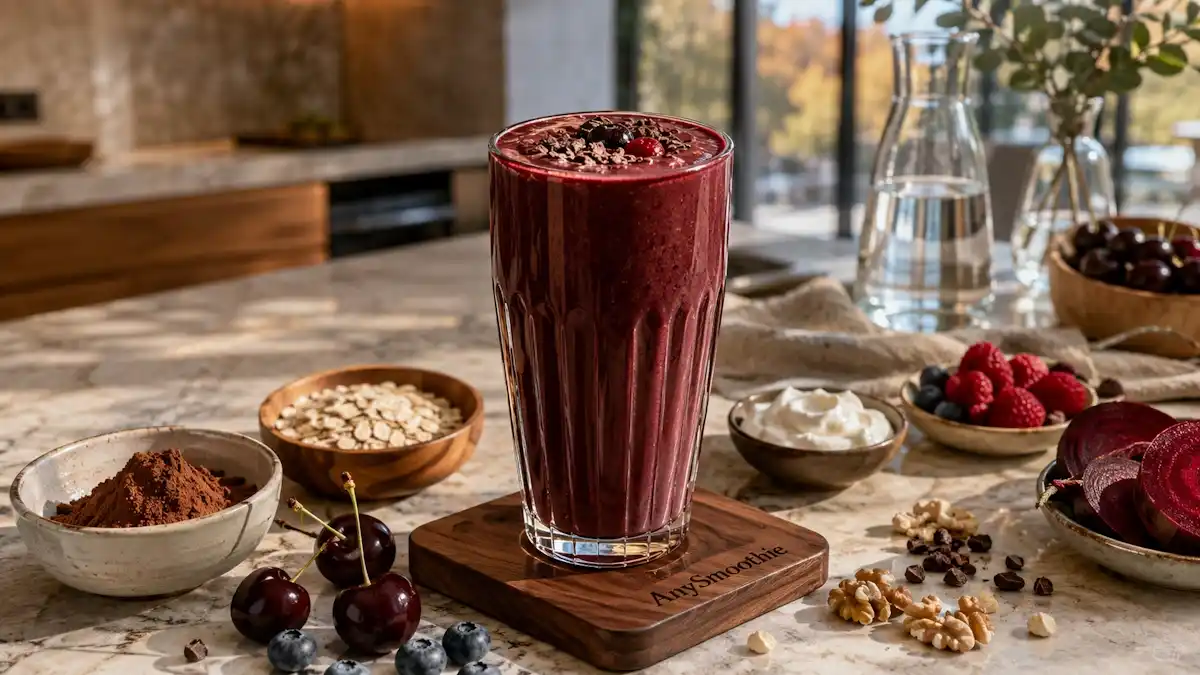 Dark cacao cherry blueberry smoothie in a transparent glass on a walnut wood coaster with AnySmoothie engraving, featuring cocoa flavanol smoothies for endothelial health with blueberries, cherries, beetroot, walnuts, oats, Greek yogurt, and cacao nibs in a bright modern kitchen.