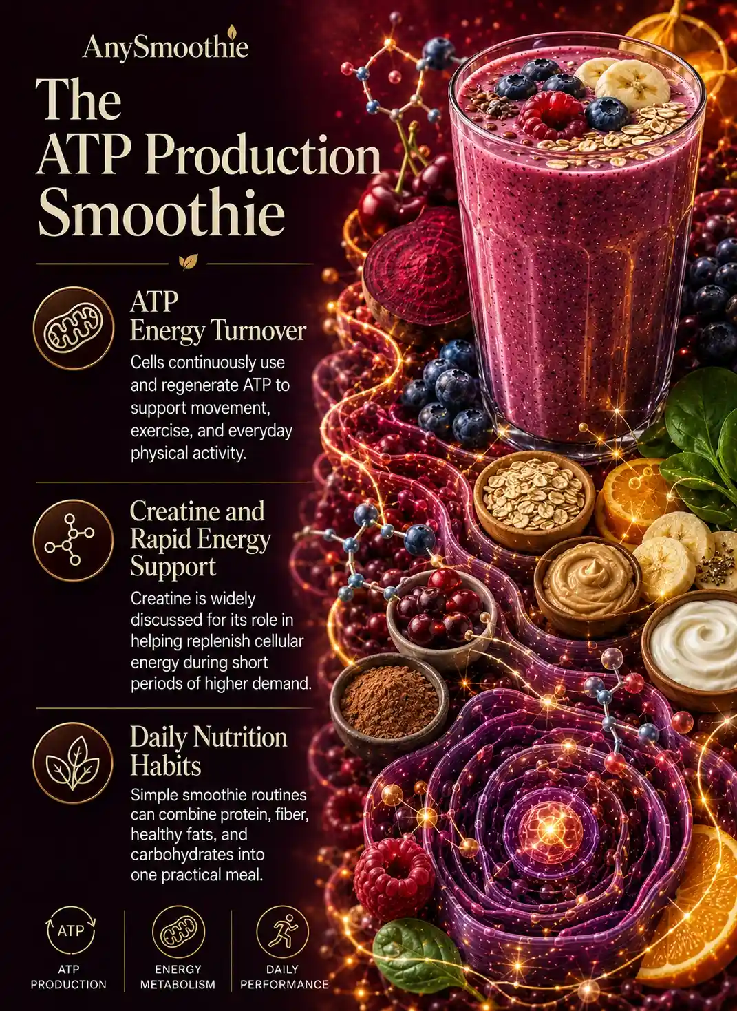 Creatine smoothies and ATP production infographic featuring berries, banana, oats, yogurt, citrus fruits, energy metabolism pathways, mitochondrial-inspired cellular environments, and balanced nutrition habits for everyday energy support.