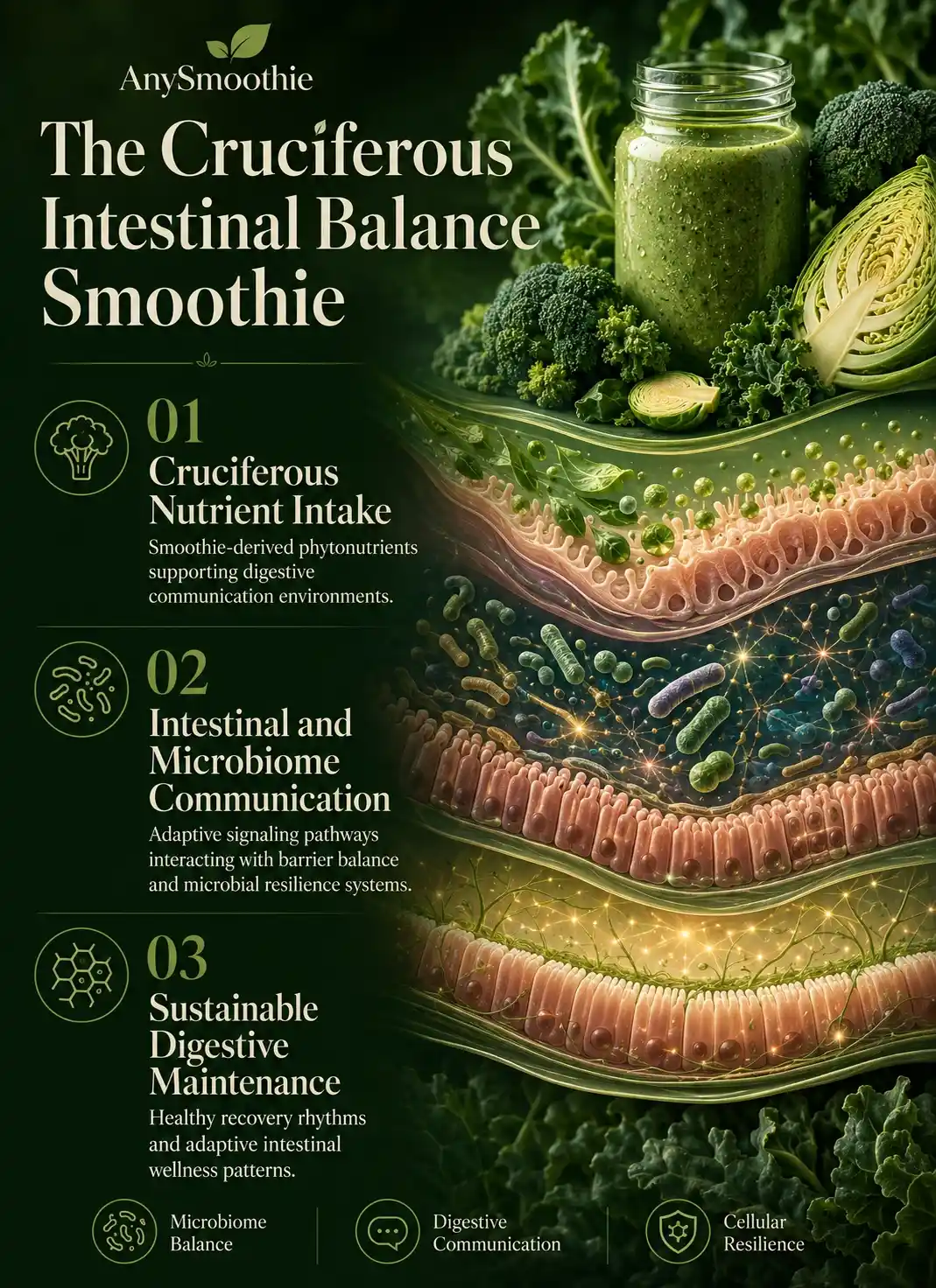 Premium wellness-science infographic for AnySmoothie illustrating cruciferous smoothies intestinal ahrn activation, microbiome communication pathways, digestive resilience systems, and adaptive intestinal wellness environments with broccoli-green cinematic biological rendering.