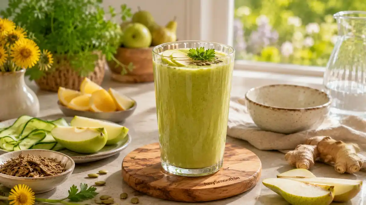 Dandelion root smoothies for bile flow support featuring a green apple lemon smoothie with cucumber, parsley, ginger, pear, and pumpkin seeds in a bright countryside kitchen
