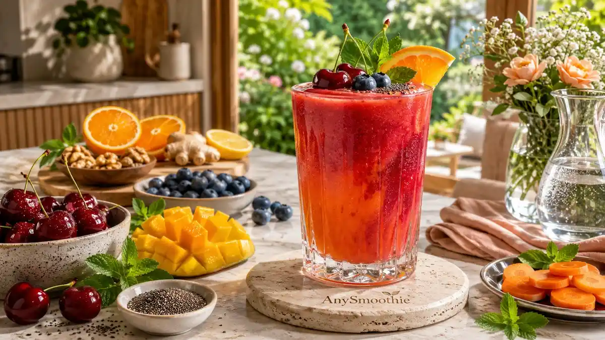 Tart cherry and mango smoothie for eggshell membrane smoothies for cartilage nutrition, served in a clear glass on a travertine coaster with fresh cherries, mango, blueberries, citrus, chia seeds, walnuts, ginger, and mint in a bright modern kitchen.