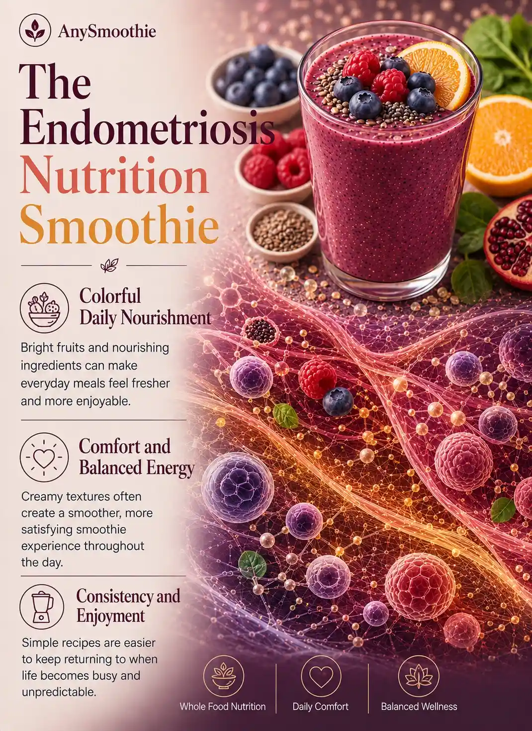 Premium wellness-science infographic featuring a berry and citrus smoothie with colorful whole-food ingredients, hydration-inspired biological imagery, and balanced wellness visuals, illustrating endometriosis nutrition smoothies through restorative nourishment habits and enjoyable daily nutrition routines.