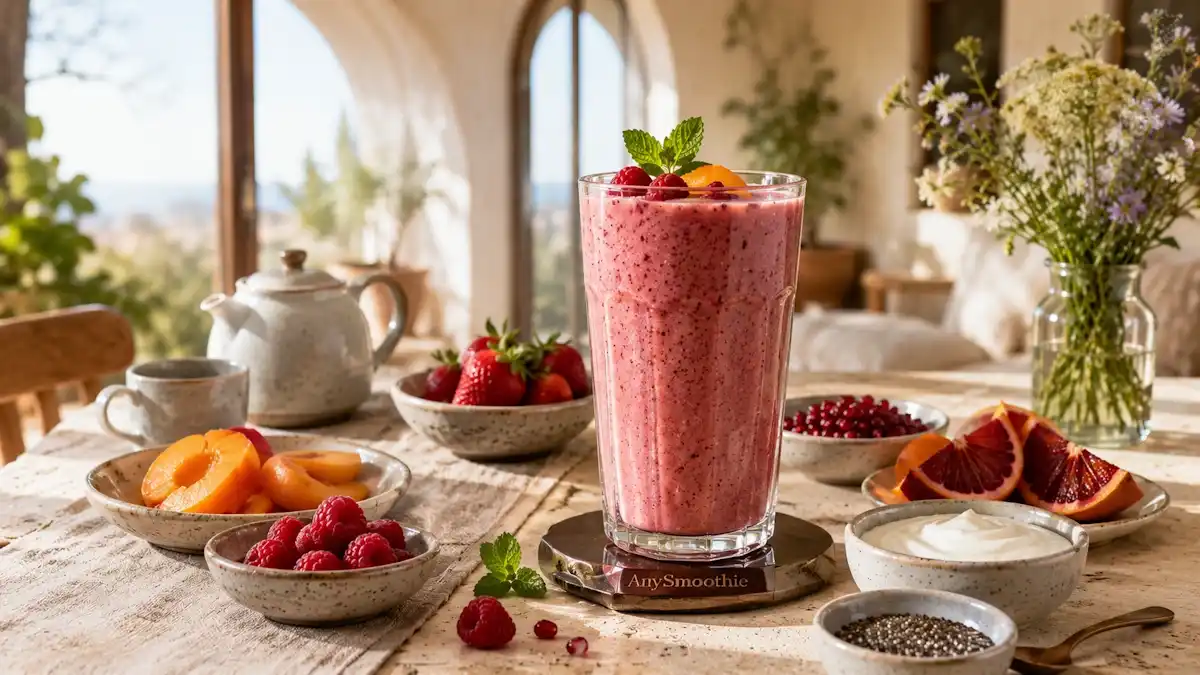 Raspberry apricot smoothie with berries, blood orange, chia seeds, and Greek yogurt in a Mediterranean breakfast setting for endometriosis nutrition smoothies.