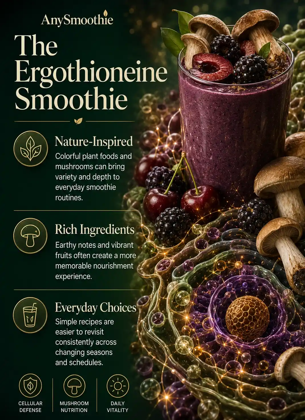 Ergothioneine smoothies for cellular defense infographic featuring mushrooms, blackberries, dark cherries, antioxidant-inspired cellular structures, nutrient communication pathways, and balanced daily nourishment habits in a premium wellness-science design.
