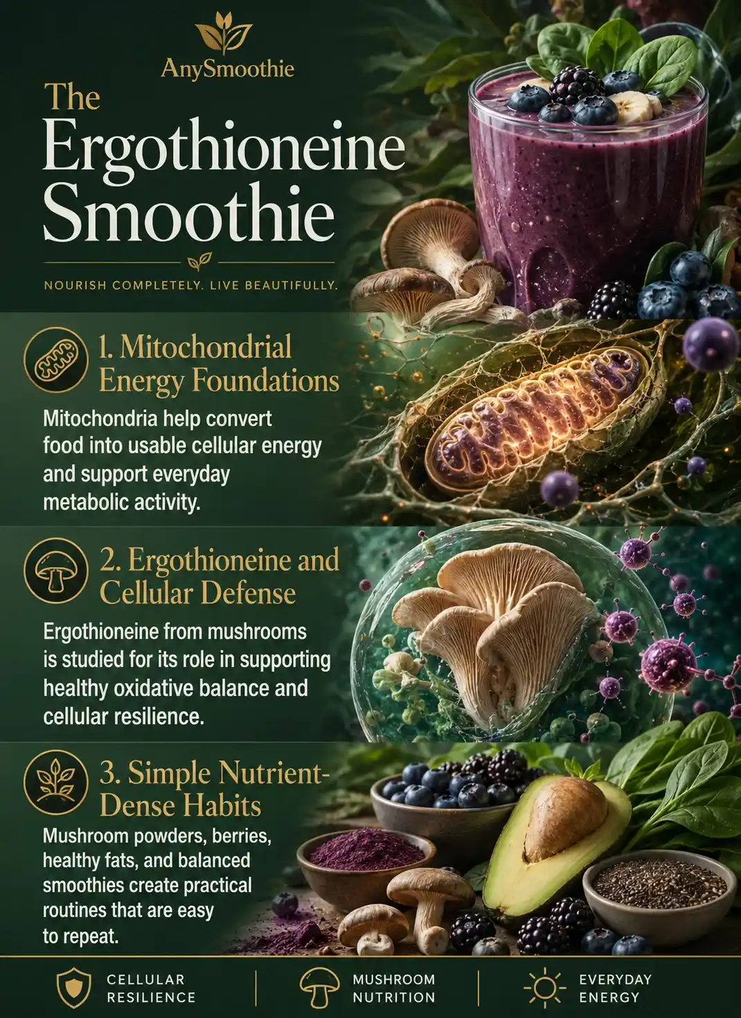 Premium wellness-science infographic about ergothioneine smoothies for mitochondrial integrity featuring mushroom nutrition, berries, healthy fats, mitochondrial energy foundations, cellular defense, and nutrient-dense smoothie habits.