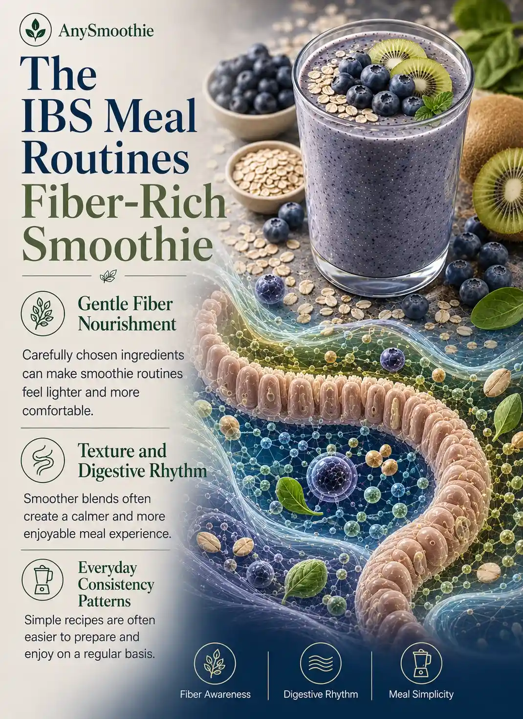 Premium wellness-science infographic featuring a fiber-rich blueberry, kiwi, and oat smoothie with digestive rhythm-inspired biological imagery, hydration-focused textures, and whole-food nutrition visuals, illustrating fiber-rich smoothies for ibs meal routines through gentle nourishment patterns and sustainable wellness habits.