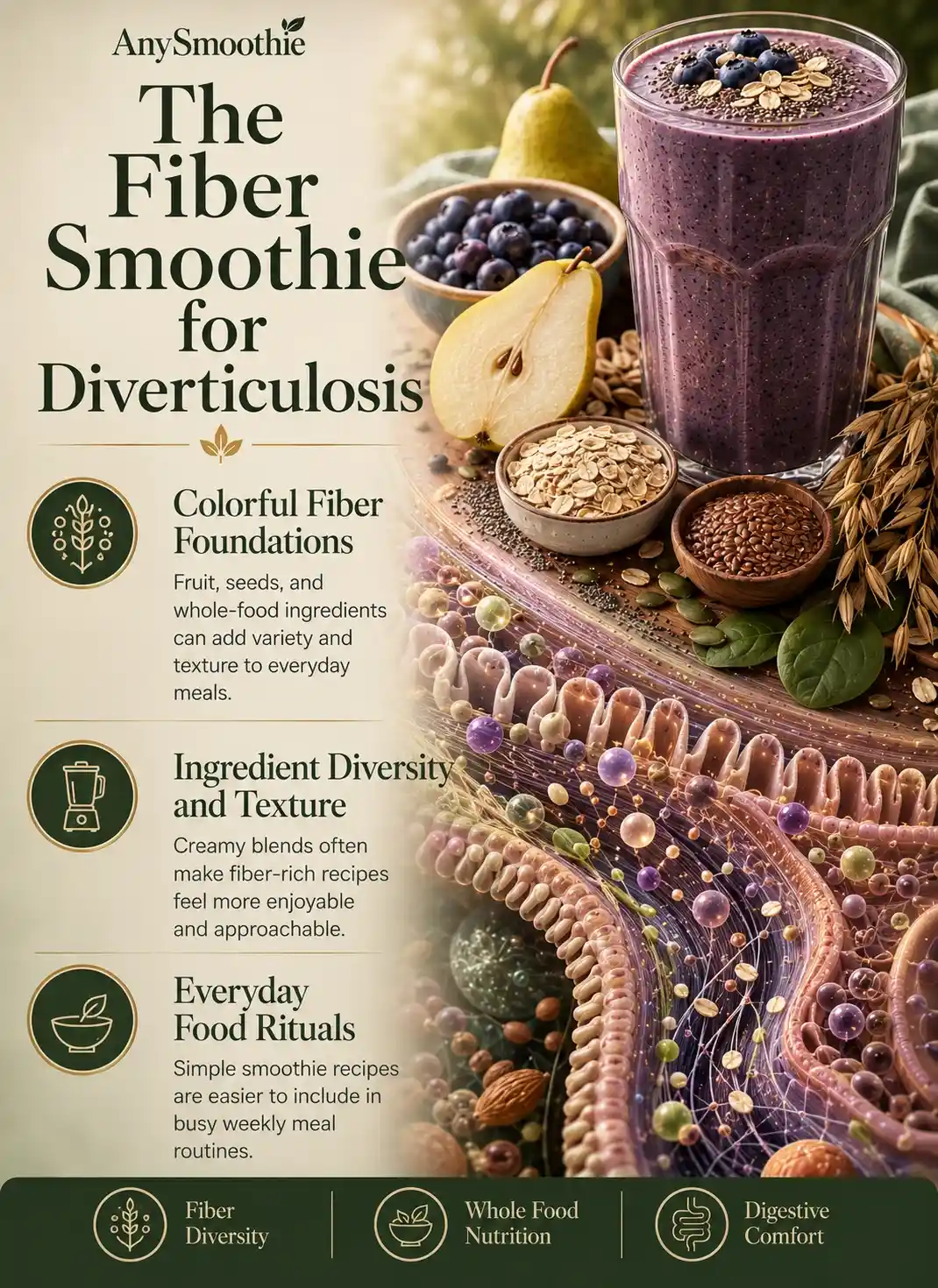 Premium wellness-science infographic about fiber smoothies for diverticulosis featuring blueberries, pears, oats, flaxseeds, and whole-food ingredients alongside digestive-inspired biological visuals, fiber diversity concepts, and practical daily nutrition habits.