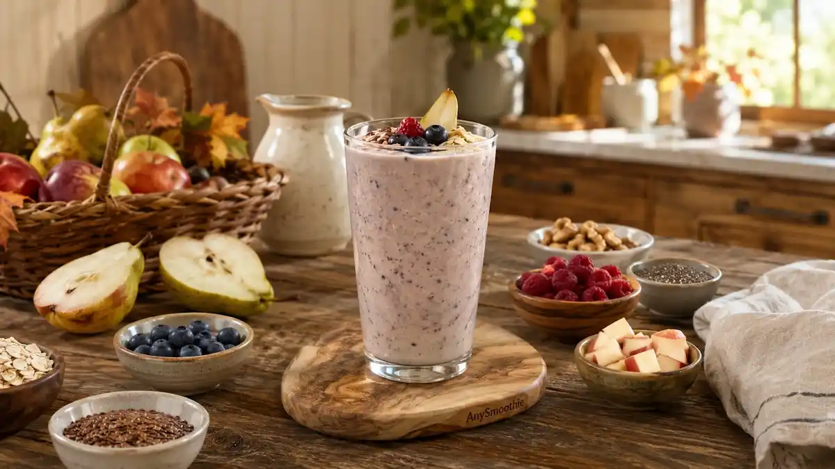 Creamy pear blueberry smoothie with oats, flaxseed, chia seeds, walnuts, and fresh fruit ingredients, illustrating fiber smoothies for diverticulosis in a farmhouse kitchen setting.