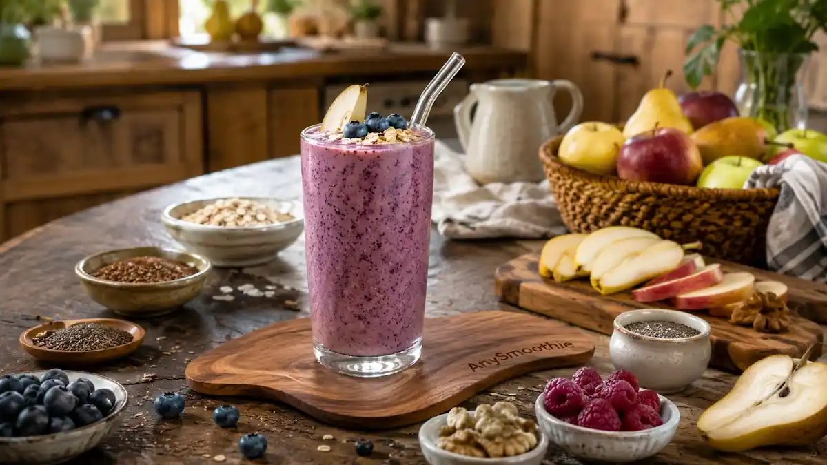 Creamy pear and blueberry fiber smoothie with oats, chia seeds, flaxseed, raspberries, apples, and walnuts in a rustic kitchen, representing fiber smoothies for hemorrhoid-friendly meal routines.