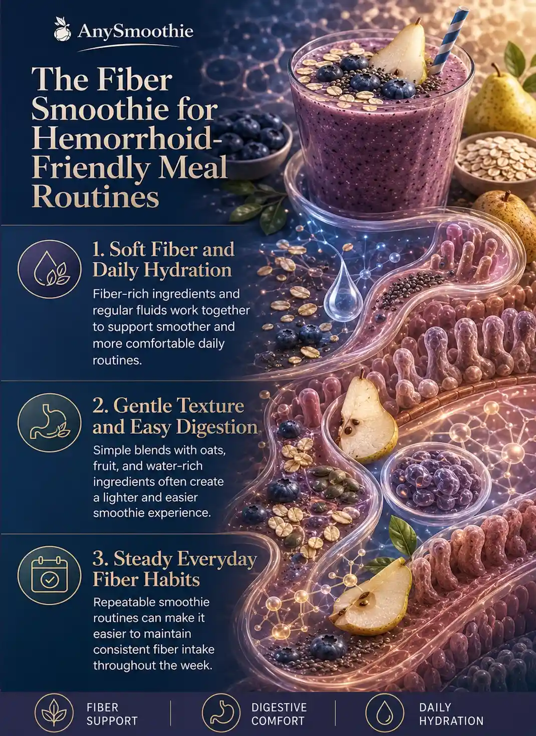 Premium wellness-science infographic about fiber smoothies for hemorrhoid-friendly meal routines featuring oats, berries, pears, seeds, hydration-focused nutrition habits, digestive comfort concepts, and consistent daily fiber intake in a cinematic editorial design.