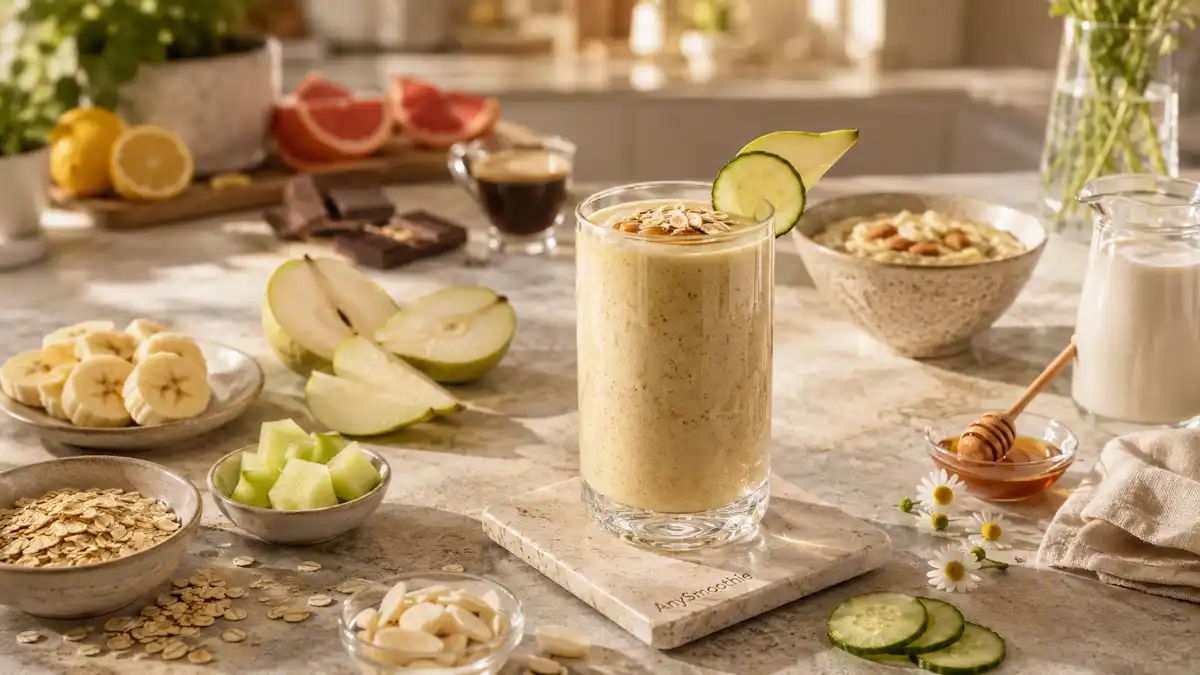 Creamy banana pear oat smoothie in a glass on a travertine coaster with gentle breakfast ingredients, illustrating foods to avoid in acid reflux smoothies and reflux-friendly ingredient choices.