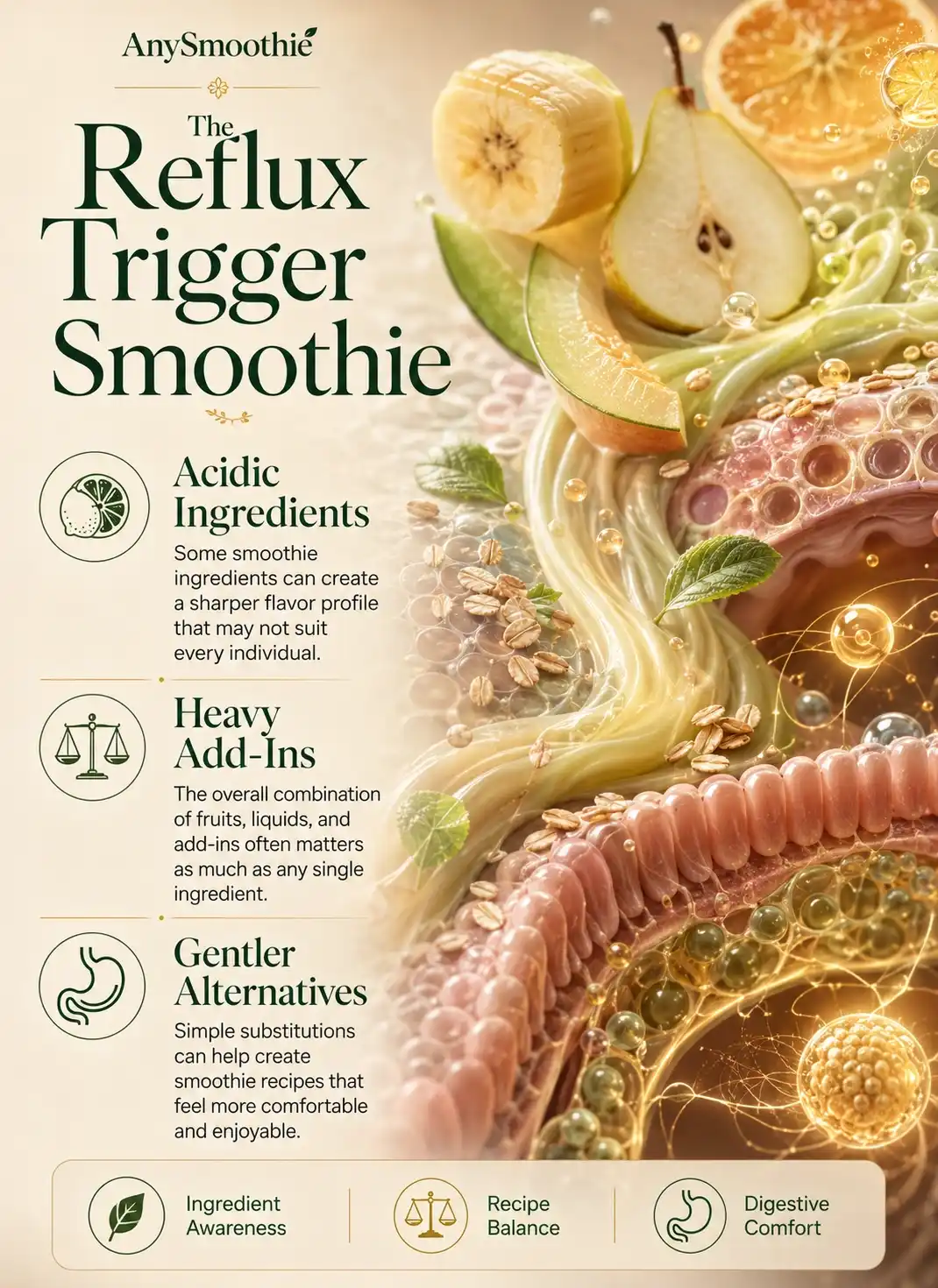Foods to avoid in acid reflux smoothies infographic showing acidic ingredients, heavy smoothie add-ins, and gentler alternatives using banana, pear, melon, oat, and digestive comfort visual elements in a premium wellness-science design.