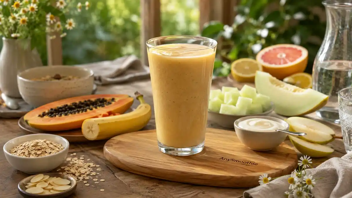 Creamy banana, papaya, and honeydew fruit smoothie for acid reflux served in a clear glass on a wooden coaster, surrounded by gentle breakfast ingredients including oats, yogurt, pear, chamomile, and almond flakes.
