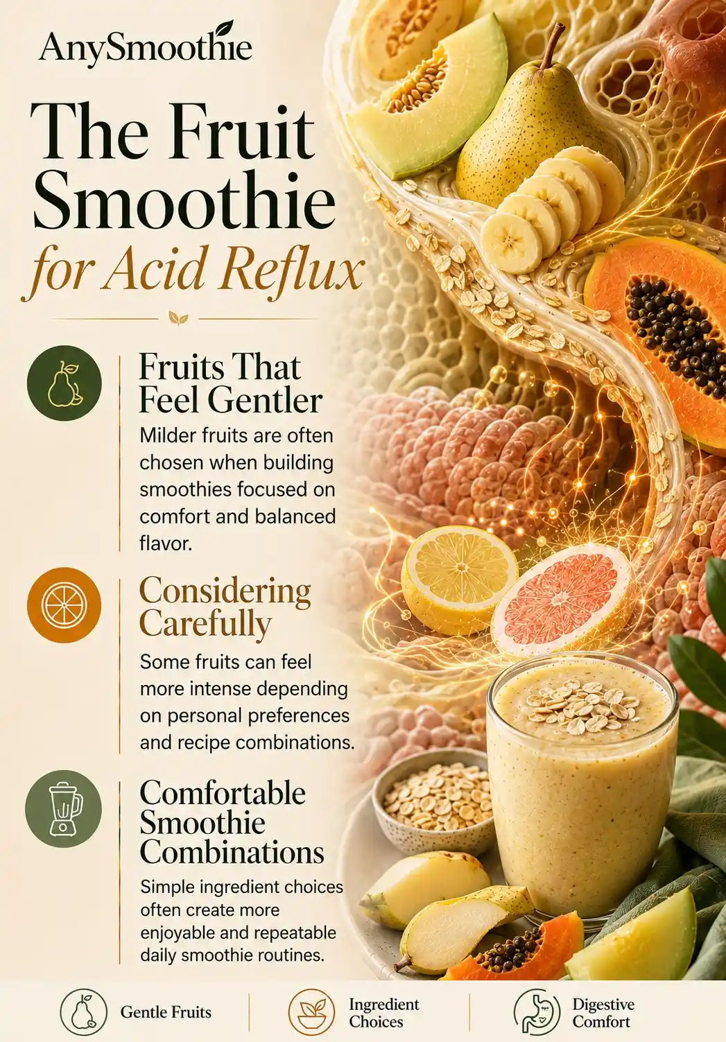 Fruit smoothies for acid reflux infographic showing gentle fruits including banana, pear, melon, papaya, and oats, with ingredient selection guidance, digestive comfort concepts, and reflux-friendly smoothie combinations in a premium wellness science editorial design.