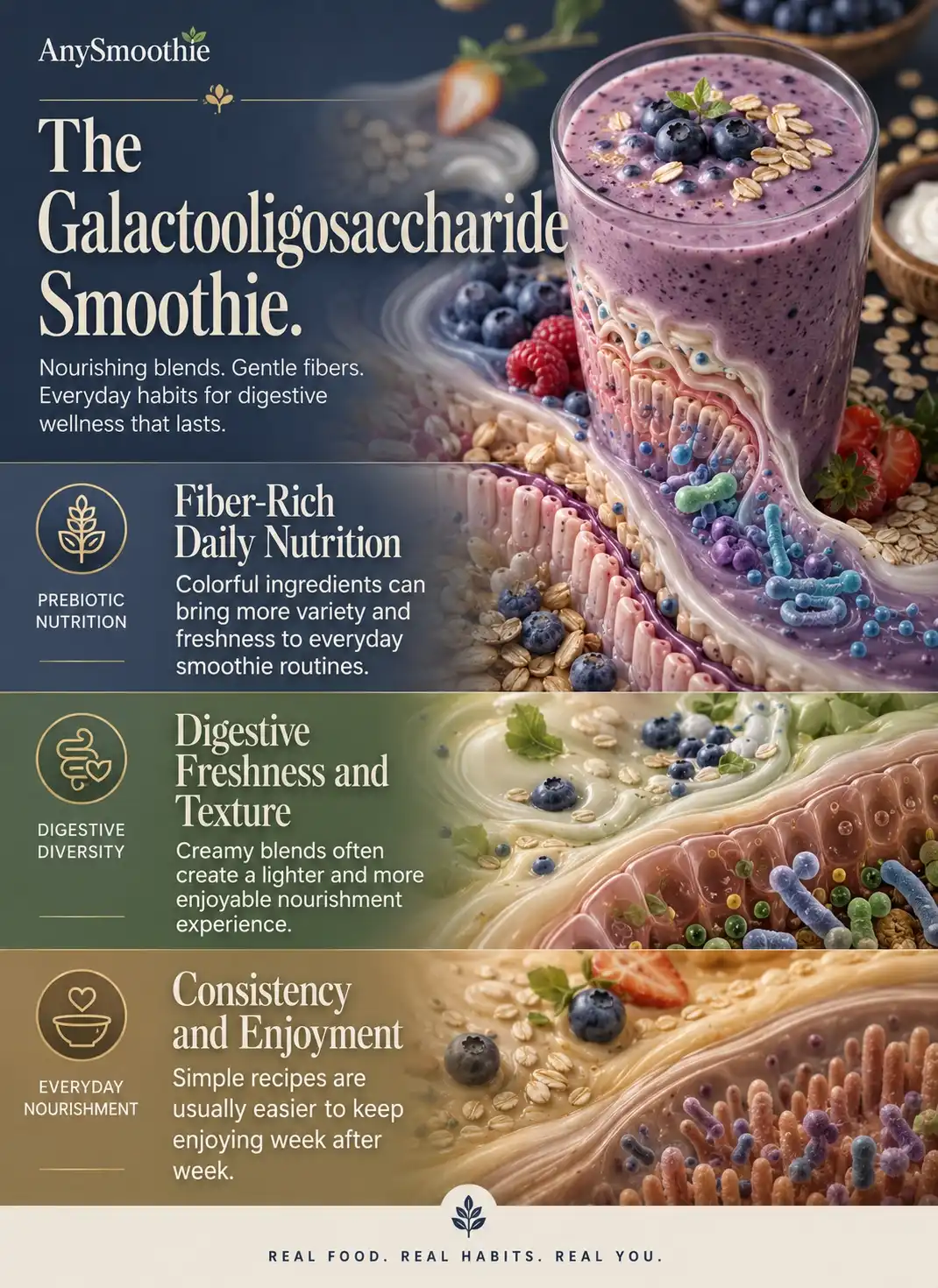 Galactooligosaccharide smoothies for bifido growth infographic featuring berry and oat smoothie ingredients, digestive wellness visuals, prebiotic nutrition concepts, bifidobacteria growth awareness, and everyday fiber-rich nourishment habits.