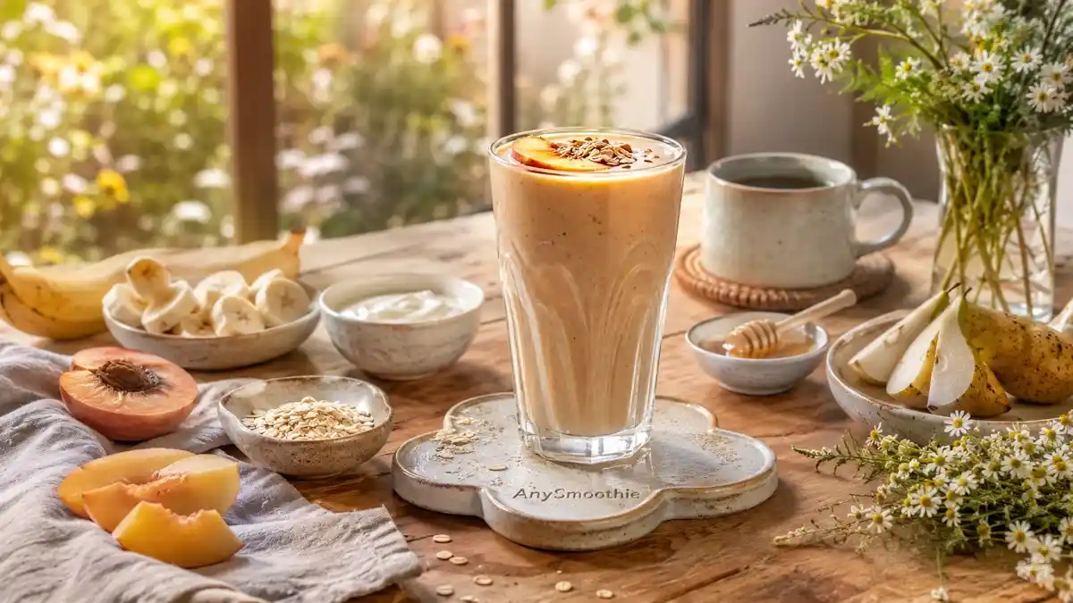 Creamy peach banana smoothie with yogurt, oats, honey, pears, and chamomile flowers on a breakfast table, illustrating gentle breakfast smoothies for low appetite and easy morning nutrition.
