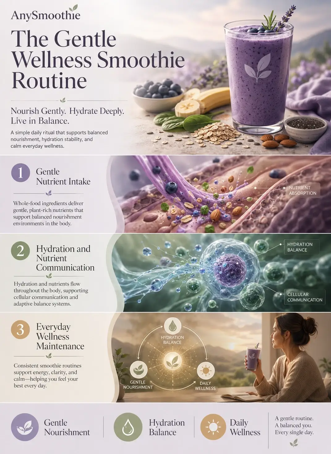 Premium wellness-science infographic titled “The Gentle Wellness Smoothie Routine” illustrating gentle smoothies lupus friendly meal routines with balanced nourishment, hydration stability, calm cellular communication, and daily wellness support through realistic smoothie ingredients and elegant biological visuals.