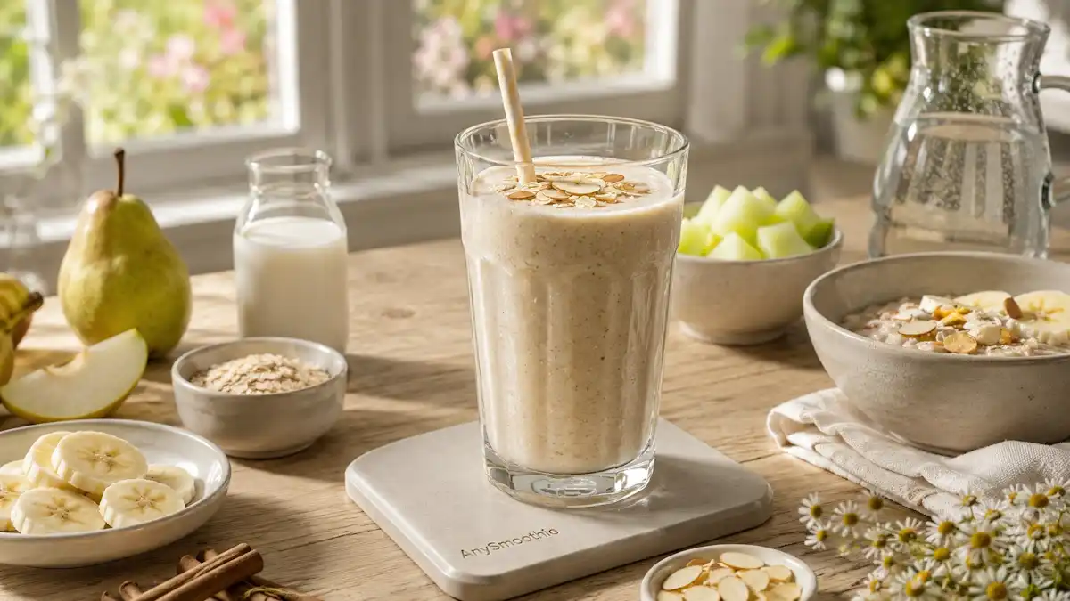 Creamy banana pear oat smoothie with almond milk served in a glass on a ceramic coaster, a dairy-free breakfast option featured in gerd friendly breakfast smoothies without dairy.