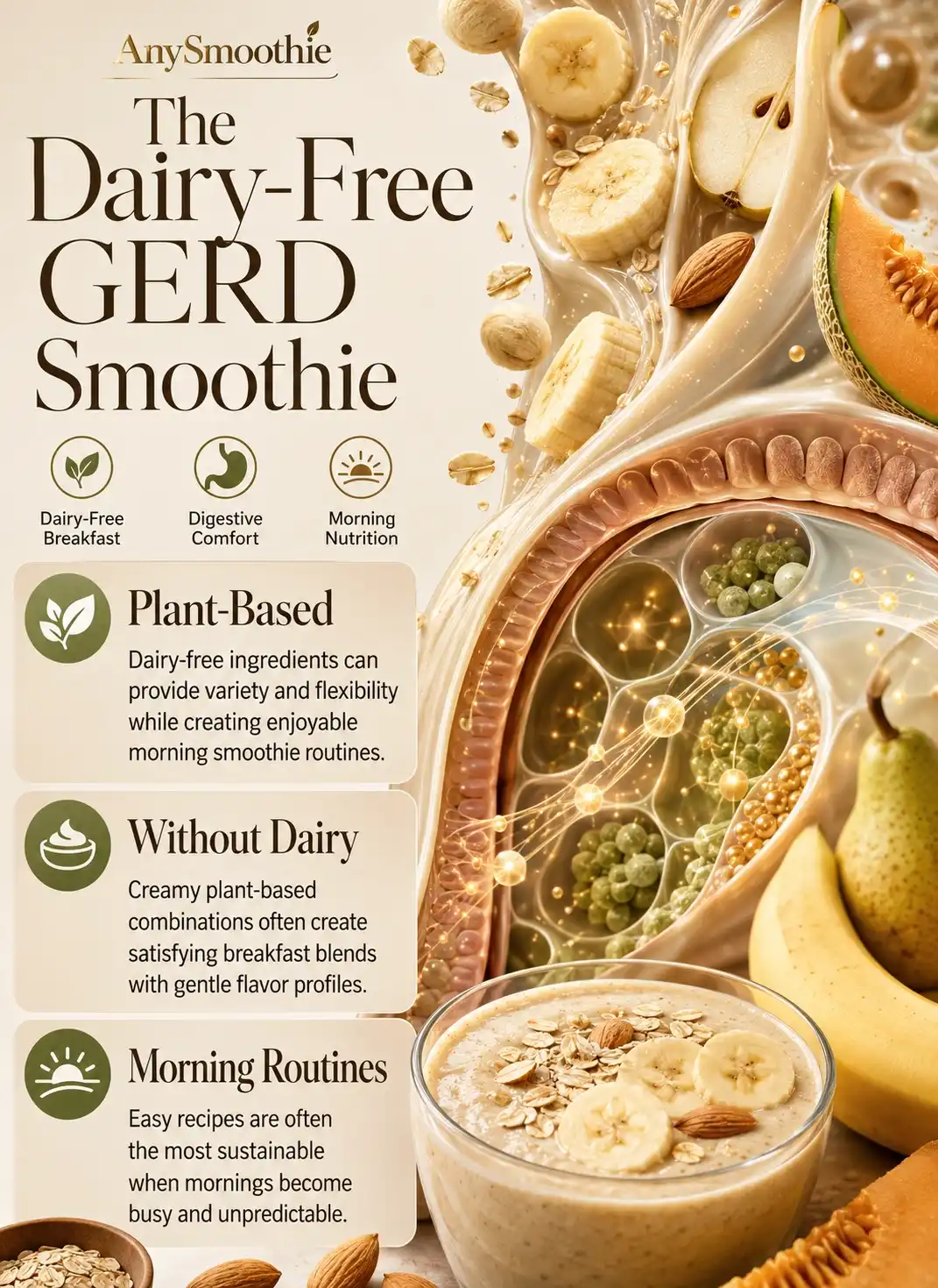 GERD friendly breakfast smoothies without dairy infographic featuring banana, pear, oat, melon, and almond ingredients, highlighting plant-based breakfast options, digestive comfort awareness, and dairy-free morning nutrition in a premium wellness-science editorial design.