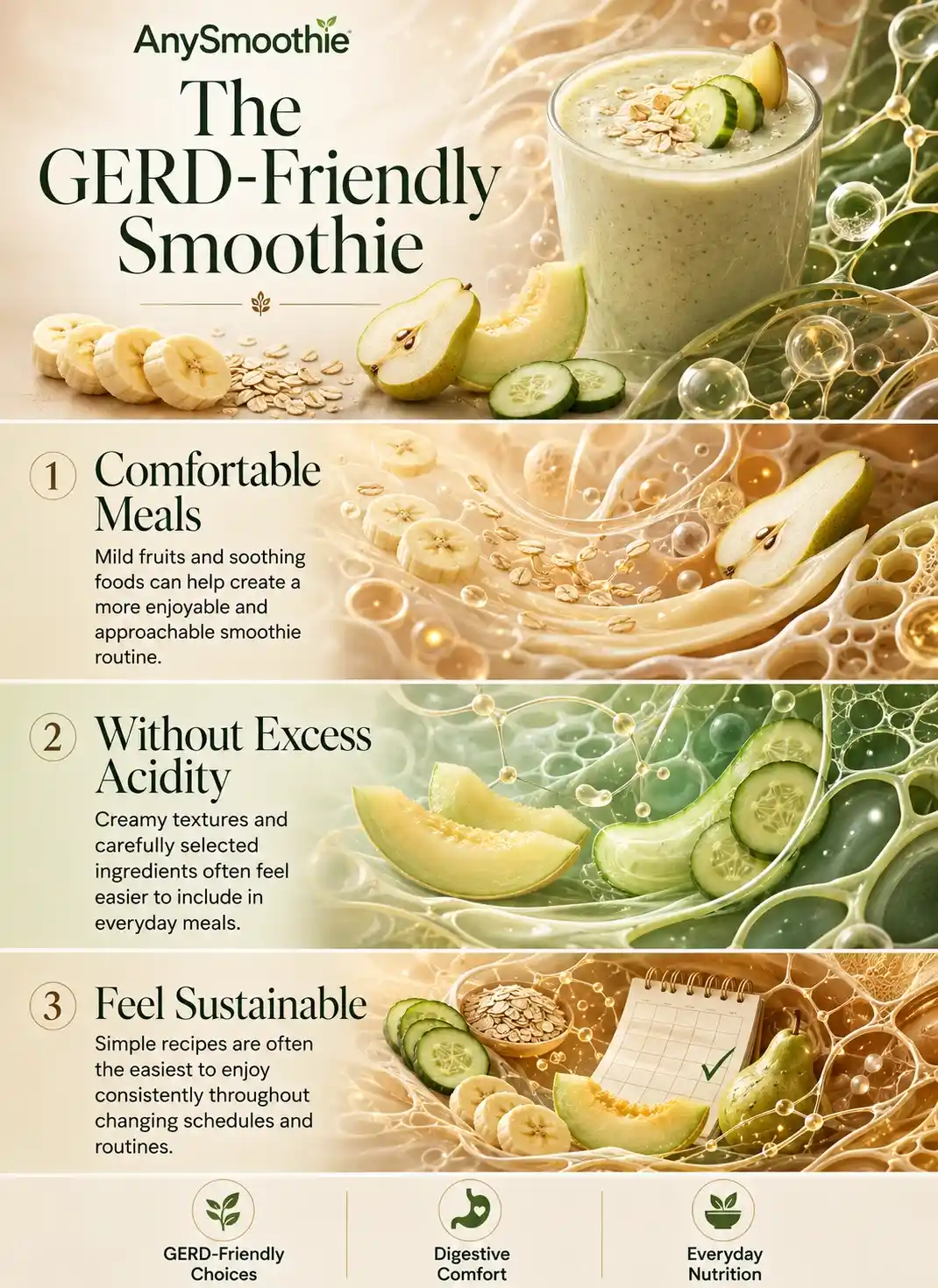 GERD friendly smoothies for everyday digestion infographic featuring gentle smoothie ingredients including banana, pear, oats, melon, and cucumber with wellness-science illustrations focused on digestive comfort, low-acid ingredient choices, and sustainable daily nutrition habits.
