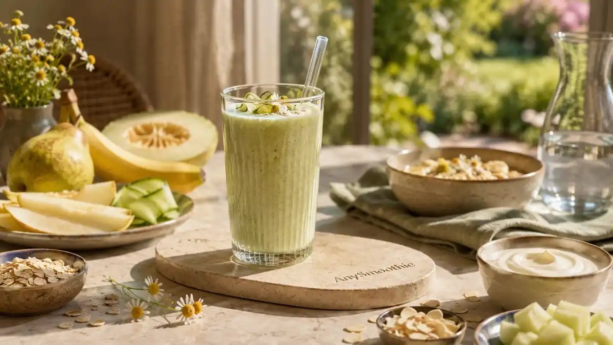 Creamy pear banana cucumber smoothie in a clear glass on a travertine coaster with fresh fruit, oats, yogurt, and chamomile flowers, illustrating gerd friendly smoothies for everyday digestion.