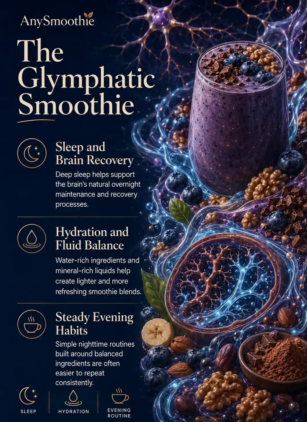 Premium wellness-science infographic about glymphatic system clearance smoothies featuring sleep-supportive smoothie ingredients, hydration-focused nutrition, blueberries, cacao, nuts, and brain recovery-inspired biological visuals designed around healthy nighttime wellness habits.