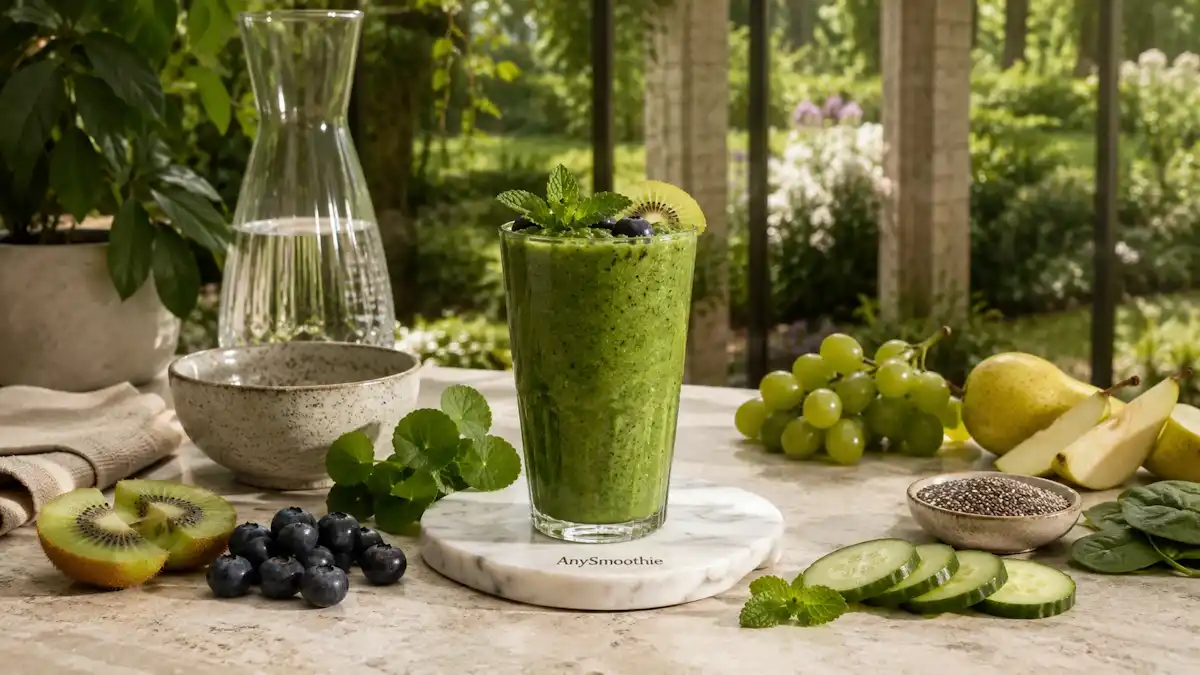 Refreshing gotu kola smoothies for healthy circulation featuring a vibrant kiwi, green grape, cucumber, spinach, blueberry, and chia smoothie in a clear glass on a white marble AnySmoothie coaster inside a bright botanical conservatory.