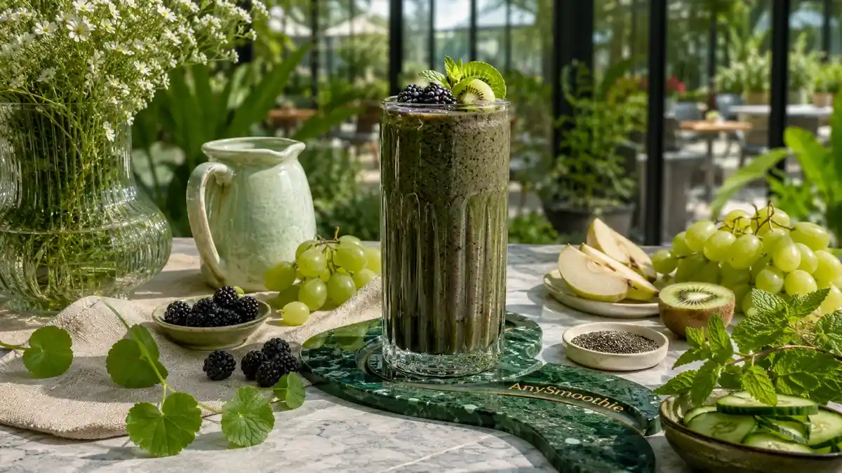Blackberry green grape smoothie with gotu kola leaves in a glasshouse café, featuring ingredients that support healthy circulation and vascular wellness, inspired by gotu kola smoothies for healthy vascular function.