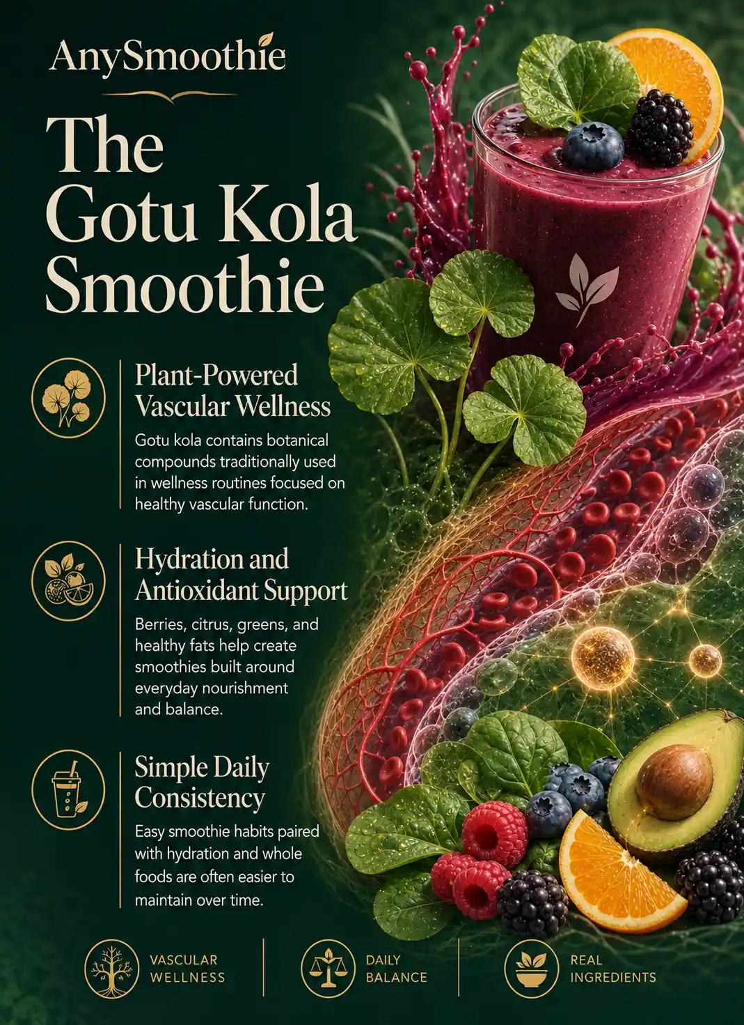 Premium wellness infographic about gotu kola smoothies for healthy vascular function featuring berry smoothie ingredients, citrus fruits, leafy greens, healthy fats, hydration support, vascular wellness awareness, and balanced daily nourishment habits.