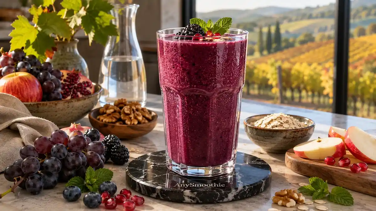 Luxurious purple grape, blackberry and pomegranate smoothie with grape seed supplement in a transparent glass on a polished black marble coaster inside a modern kitchen overlooking a vineyard, illustrating grape seed smoothies for vascular wellness.