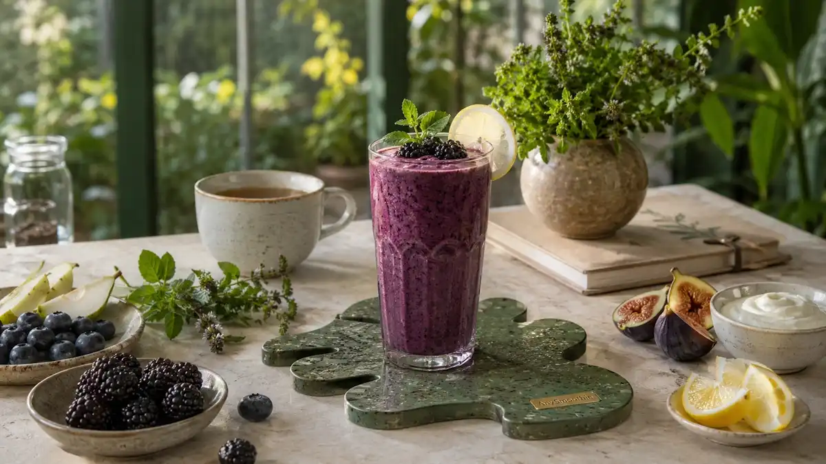 Blackberry holy basil smoothie in an artisan glass on a botanical terrazzo coaster with AnySmoothie branding, featuring fresh blackberries, holy basil, blueberries, pear, chia seeds, and yogurt for holy basil smoothies for HPA axis balance.