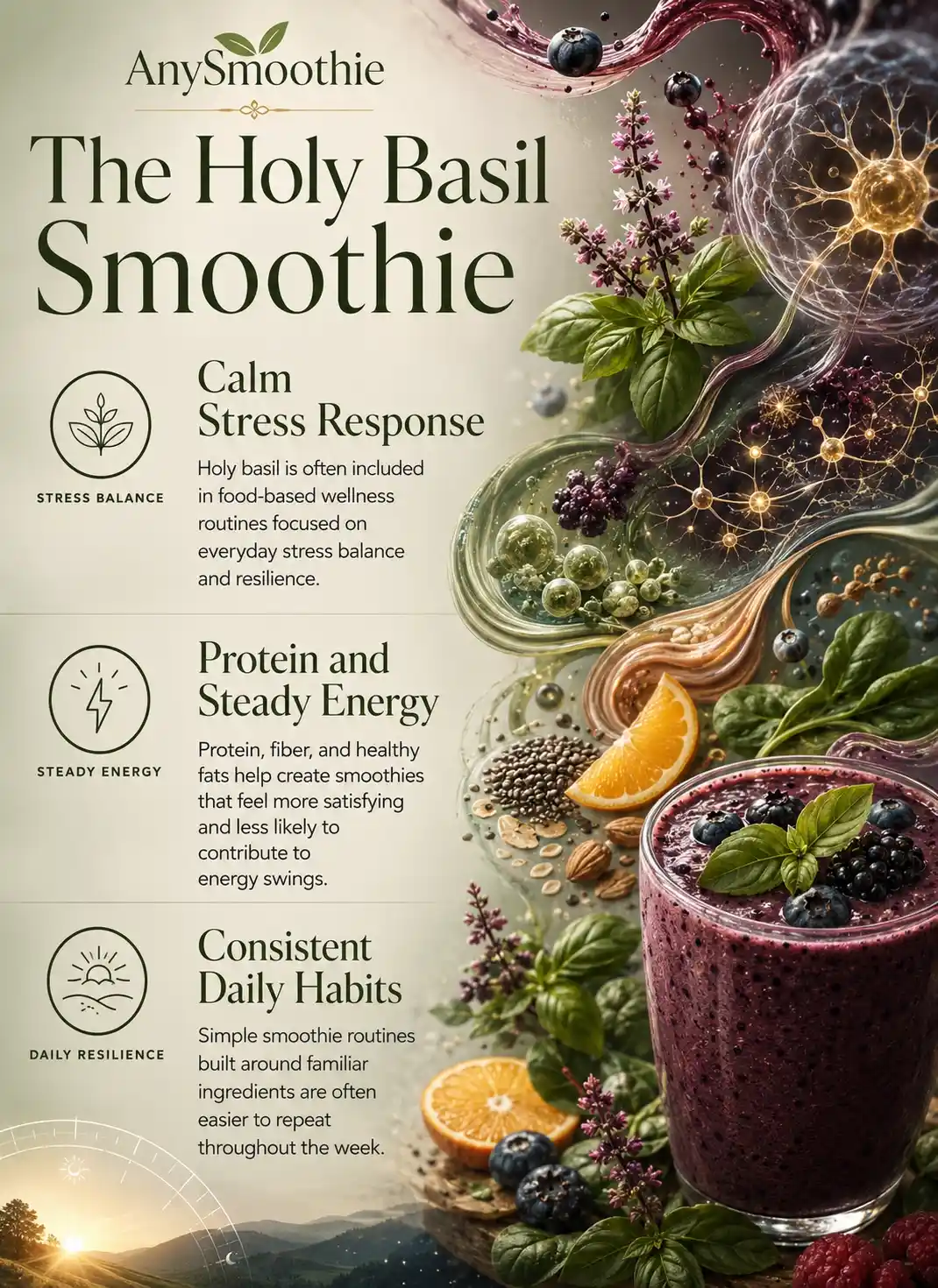 Holy basil smoothies for HPA axis balance infographic featuring stress balance, steady energy support, daily resilience habits, nutrient-rich ingredients, berries, basil leaves, protein nutrition, and wellness-focused smoothie routines.