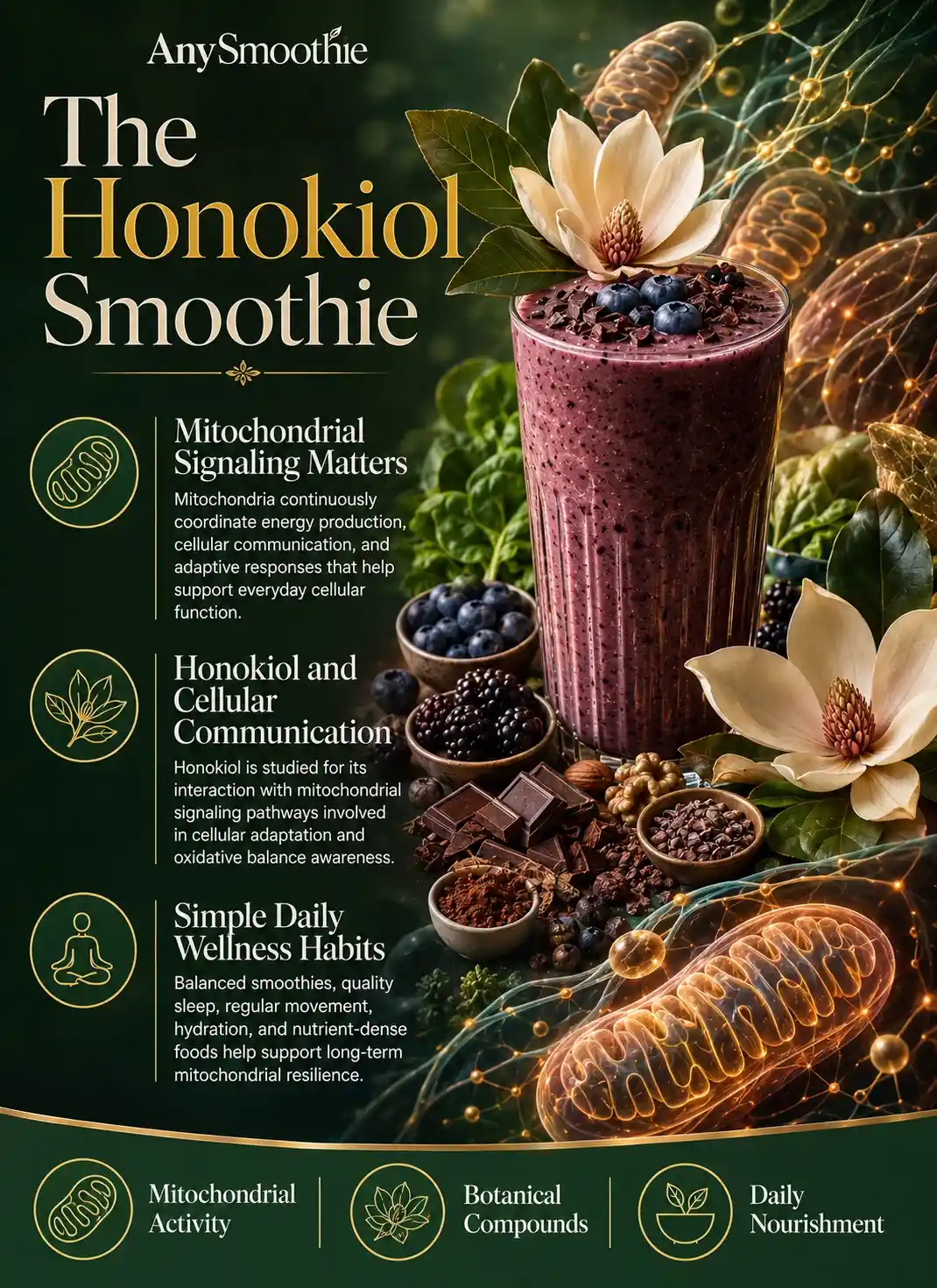 Premium wellness-science infographic about honokiol smoothies and mitochondrial SIRT3 activity, featuring a dark berry smoothie with magnolia flowers, cacao, botanical ingredients, and mitochondrial-inspired visuals highlighting cellular communication, energy metabolism, and daily wellness habits.