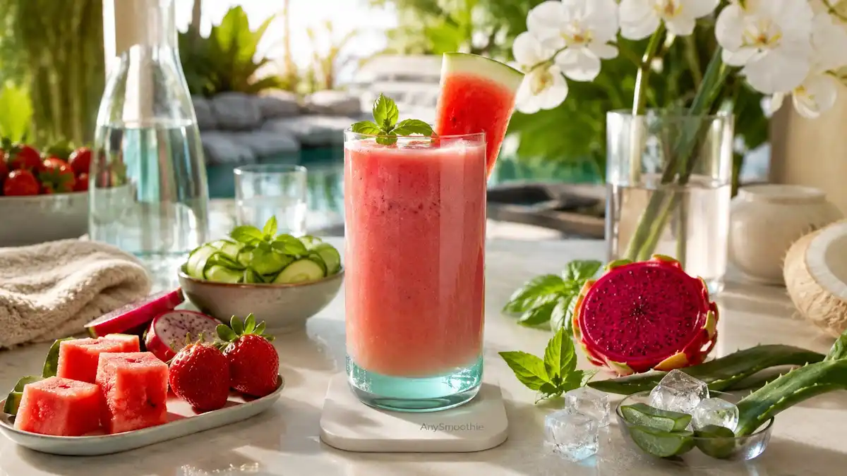 Refreshing watermelon, strawberry, and dragon fruit smoothie with cucumber, mint, aloe botanicals, and coconut water in a clear artisan glass, illustrating hyaluronic acid smoothies for tissue hydration in a bright tropical wellness breakfast setting.