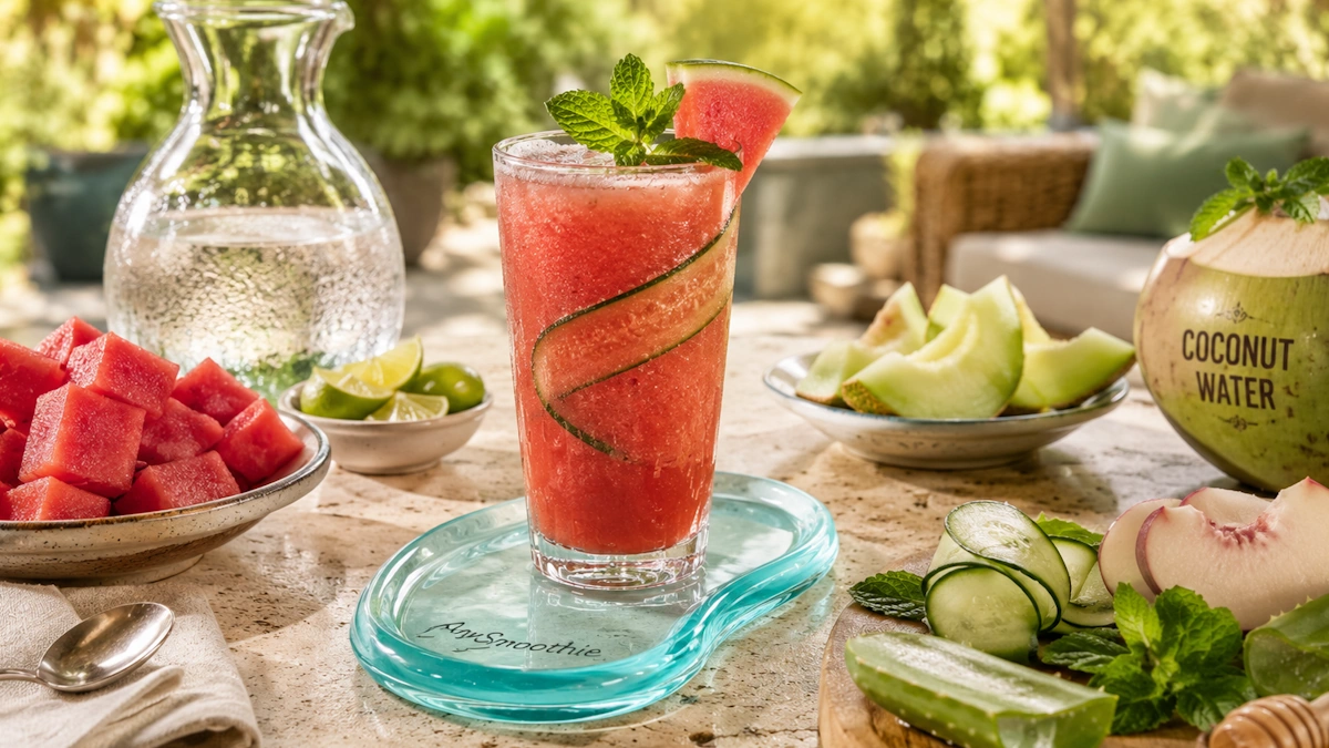 Hydrating smoothies for dry mouth comfort featuring a cucumber coconut watermelon smoothie with mint, aloe vera, lime, and fresh summer fruits served on a bright garden terrace.