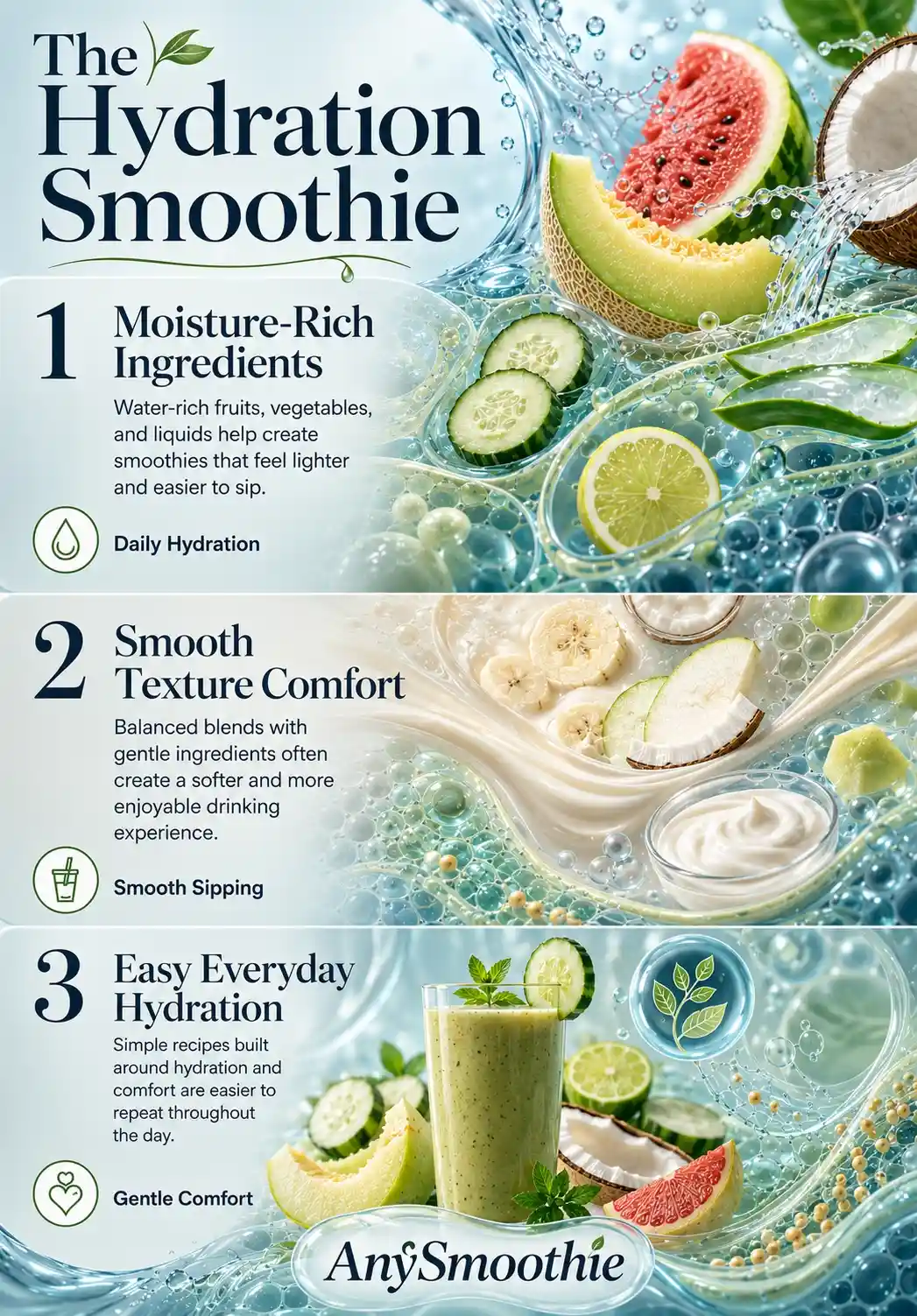 Hydrating smoothies for dry mouth comfort infographic featuring moisture-rich ingredients, smooth texture benefits, and easy everyday hydration with cucumber, melon, coconut, citrus, and refreshing smoothie nutrition concepts.