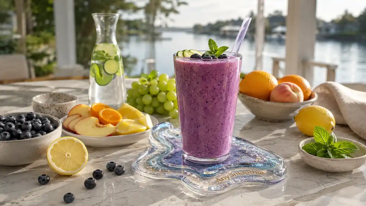 Hydrogen water smoothies for cellular redox balance featuring a blueberry citrus smoothie with lemon, orange, mint, cucumber, grapes, and coconut water in a bright waterfront breakfast setting.