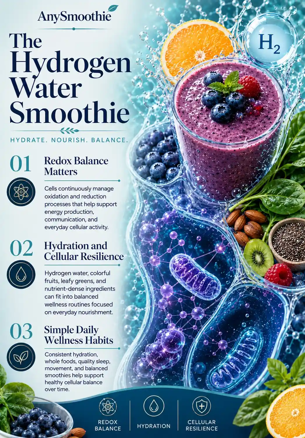 Hydrogen water smoothies for cellular redox balance infographic featuring berry smoothie ingredients, hydration-rich foods, cellular wellness illustrations, redox balance concepts, and everyday nourishment habits.