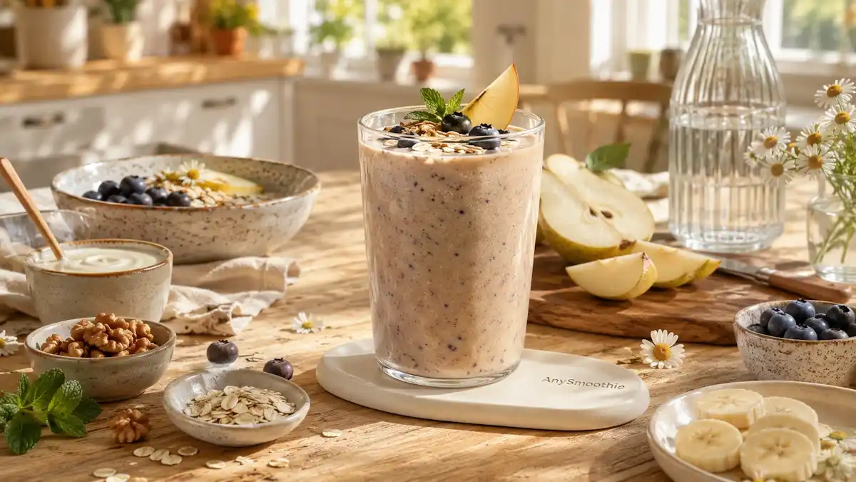 Creamy pear blueberry smoothie with oats, yogurt, walnuts, chamomile, and mint in a farmhouse kitchen, representing IgG colostrum smoothies for gut barrier support and everyday digestive wellness.