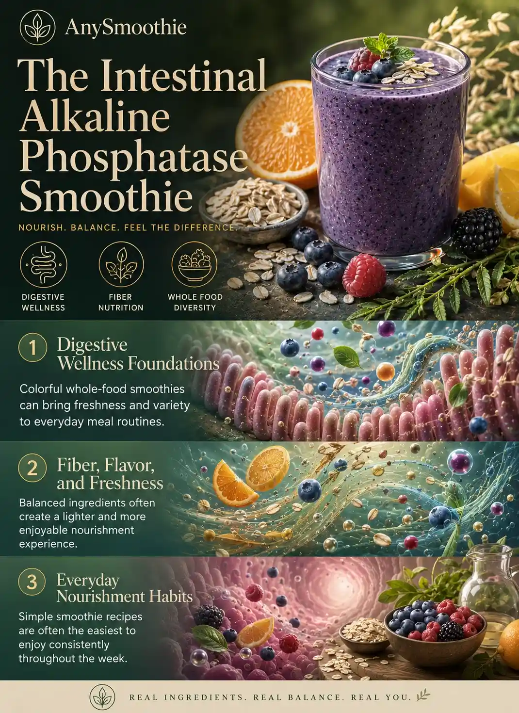 Premium wellness-science infographic about intestinal alkaline phosphatase smoothies featuring berry, citrus, and oat ingredients, digestive wellness concepts, fiber nutrition, whole food diversity, and biologically inspired nutritional storytelling.